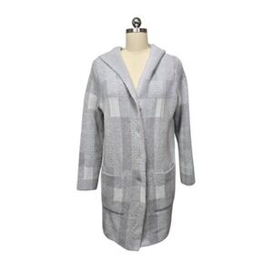 Soft Surroundings Sweater Womens Medium Gray Hooded Open Front Cardigan Plaid‎